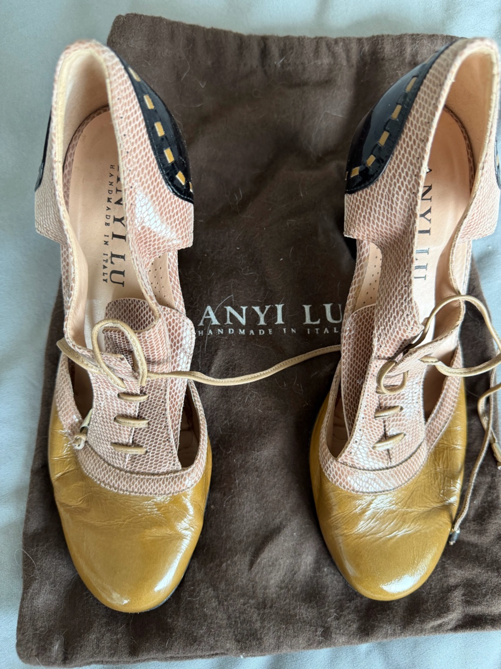 Anyi Lu Two-Tone Lace-Up Heels in Blush and Mustard